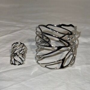 Retro Silver Toned Hollow Leaf Open Bangle And Ring Set For Women New
